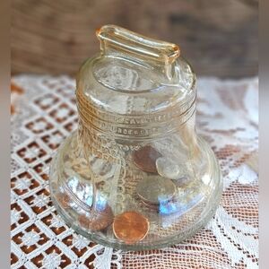 Vintage Liberty Bell Change Jar, Glass Piggy Bank, Money Jar